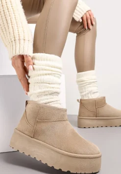 Ciemnobeżowe Krótkie Śniegowce na Grubej Podeszwie Jellert