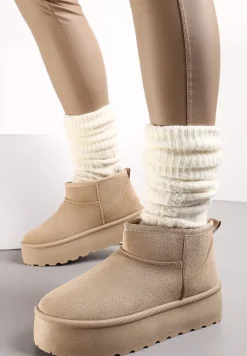 Ciemnobeżowe Krótkie Śniegowce na Grubej Podeszwie Jellert