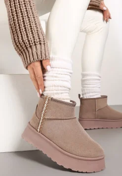 Ciemnobeżowe Krótkie Śniegowce na Platformie z Ozdobną Tasiemką Motavia