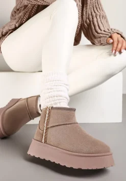 Ciemnobeżowe Krótkie Śniegowce na Platformie z Ozdobną Tasiemką Motavia