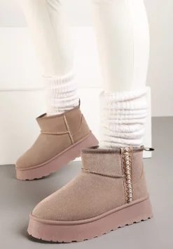 Ciemnobeżowe Krótkie Śniegowce na Platformie z Ozdobną Tasiemką Motavia