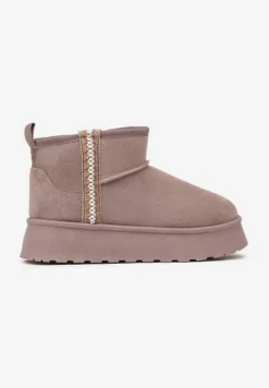 Ciemnobeżowe Krótkie Śniegowce na Platformie z Ozdobną Tasiemką Motavia