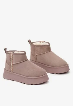 Ciemnobeżowe Krótkie Śniegowce na Platformie z Ozdobną Tasiemką Motavia