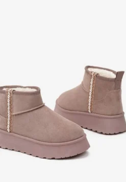 Ciemnobeżowe Krótkie Śniegowce na Platformie z Ozdobną Tasiemką Motavia