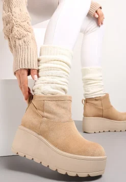 Ciemnobeżowe Krótkie Śniegowce na Platformie i Koturnie Joannia