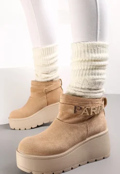 Ciemnobeżowe Krótkie Śniegowce na Platformie i Koturnie Joannia