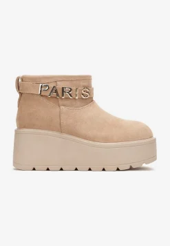 Ciemnobeżowe Krótkie Śniegowce na Platformie i Koturnie Joannia