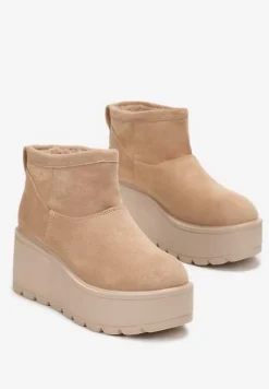 Ciemnobeżowe Krótkie Śniegowce na Platformie i Koturnie Joannia