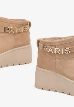 Ciemnobeżowe Krótkie Śniegowce na Platformie i Koturnie Joannia