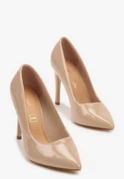 Ciemnobeżowe Lakierowane Eleganckie Szpilki Vices z Wkładką ze Skóry Naturalnej Innalora