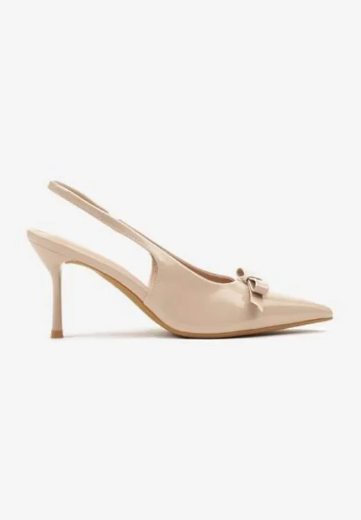Ciemnobeżowe Lakierowane Sandały Szpilki Vices Typu Slingback z Kokardą Dorozia