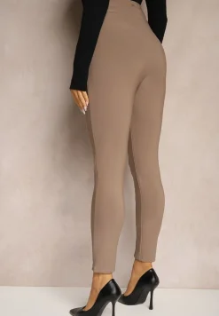 Ciemnobeżowe Legginsy Bawełniane High Waist Ozdobione Guzikami Liorvia