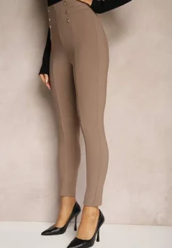 Ciemnobeżowe Legginsy Bawełniane High Waist Ozdobione Guzikami Liorvia