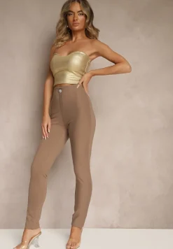 Ciemnobeżowe Legginsy High Waist z Wiskozą z Cyrkoniowym Guzikiem Naliselle