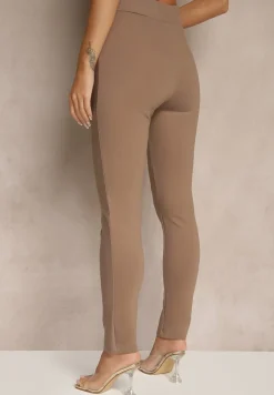 Ciemnobeżowe Legginsy High Waist z Wiskozą z Cyrkoniowym Guzikiem Naliselle