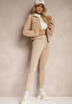 Ciemnobeżowe Legginsy o Klasycznym Fasonie z Gumką w Pasie Tiricea