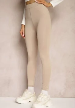 Ciemnobeżowe Legginsy o Klasycznym Fasonie z Gumką w Pasie Tiricea
