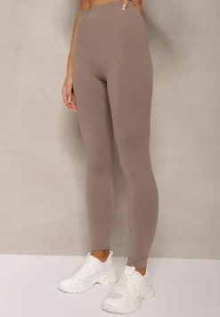 Ciemnobeżowe Legginsy z Gumką w Talii z Długimi Nogawkami Caleta