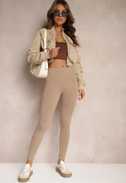 Ciemnobeżowe Legginsy z Gumką w Talii z Długimi Nogawkami Caleta