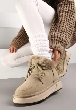 Ciemnobeżowe Mocno Ocieplane Śniegowce ze Sznurowaną Cholewką Obszytą Futrem Sintetta