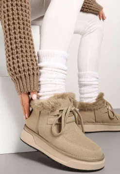 Ciemnobeżowe Mocno Ocieplane Śniegowce ze Sznurowaną Cholewką Obszytą Futrem Sintetta