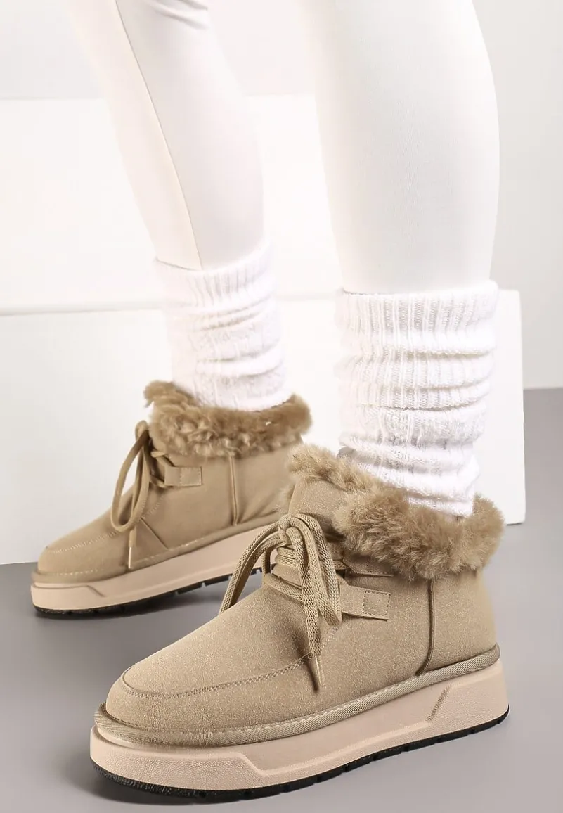 Ciemnobeżowe Mocno Ocieplane Śniegowce ze Sznurowaną Cholewką Obszytą Futrem Sintetta