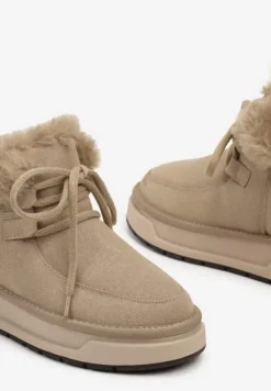 Ciemnobeżowe Mocno Ocieplane Śniegowce ze Sznurowaną Cholewką Obszytą Futrem Sintetta