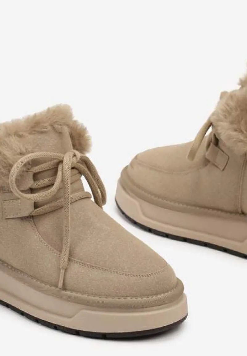 Ciemnobeżowe Mocno Ocieplane Śniegowce ze Sznurowaną Cholewką Obszytą Futrem Sintetta