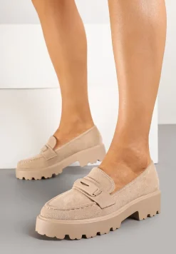 Ciemnobeżowe Mokasyny na Grubej Podeszwie z Cholewką z Przeszyciami Hamaira