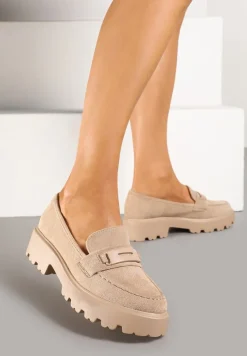 Ciemnobeżowe Mokasyny na Grubej Podeszwie z Cholewką z Przeszyciami Hamaira