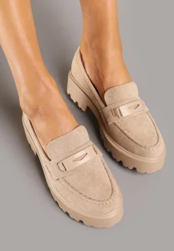 Ciemnobeżowe Mokasyny na Grubej Podeszwie z Cholewką z Przeszyciami Hamaira