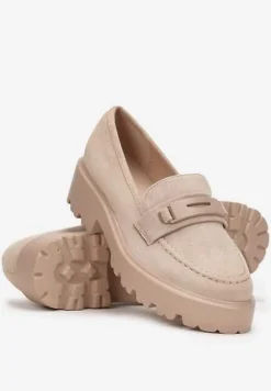 Ciemnobeżowe Mokasyny na Grubej Podeszwie z Cholewką z Przeszyciami Hamaira