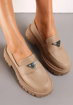 Ciemnobeżowe Mokasyny na Grubej Podeszwie z Metalową Ozdobą w Cyrkonie Venifa