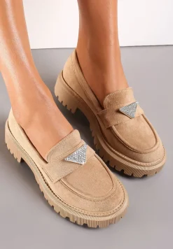 Ciemnobeżowe Mokasyny na Grubej Podeszwie Ozdobione Cyrkoniami Movail