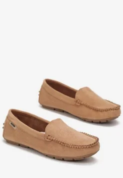 Ciemnobeżowe Mokasyny na Płaskiej Podeszwie z Przeszyciami Neen