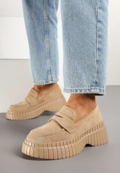 Ciemnobeżowe Mokasyny na Platformie z Tłoczeniem Ozdobione Paskiem Fonirea