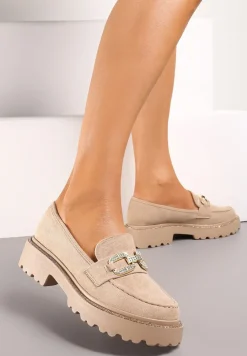 Ciemnobeżowe Mokasyny na Płaskim Obcasie z Klamrą z Cyrkonii Laviressa