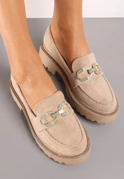 Ciemnobeżowe Mokasyny na Płaskim Obcasie z Klamrą z Cyrkonii Laviressa