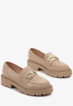 Ciemnobeżowe Mokasyny na Płaskim Obcasie z Klamrą z Cyrkonii Laviressa