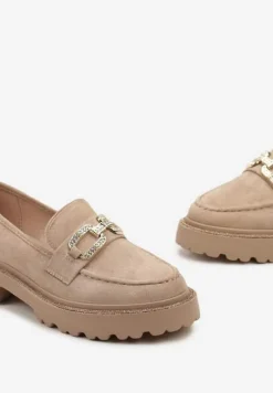 Ciemnobeżowe Mokasyny na Płaskim Obcasie z Klamrą z Cyrkonii Laviressa
