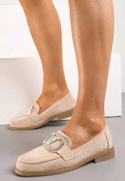 Ciemnobeżowe Mokasyny Ozdobione Klamerką i Cyrkoniami z Ekozamszu Ahira