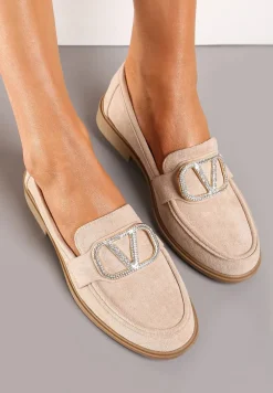 Ciemnobeżowe Mokasyny Ozdobione Klamerką i Cyrkoniami z Ekozamszu Ahira