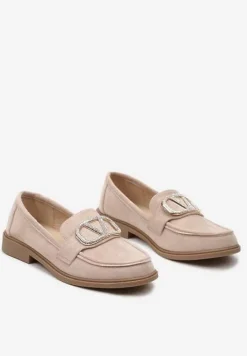 Ciemnobeżowe Mokasyny Ozdobione Klamerką i Cyrkoniami z Ekozamszu Ahira