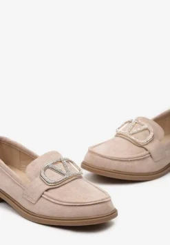 Ciemnobeżowe Mokasyny Ozdobione Klamerką i Cyrkoniami z Ekozamszu Ahira