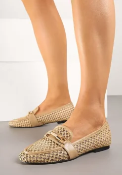 Ciemnobeżowe Mokasyny Ozdobione Siateczkową Cholewką i Klamrą Zelure
