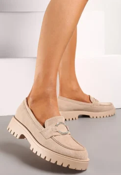 Ciemnobeżowe Mokasyny Wsuwane na Grubej Podeszwie z Metalowym Ozdobnym Kółkiem Pactina