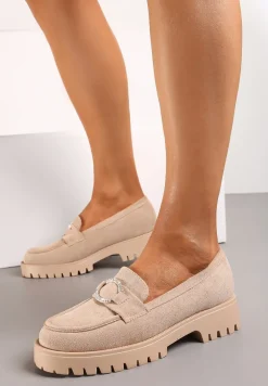 Ciemnobeżowe Mokasyny Wsuwane na Grubej Podeszwie z Metalowym Ozdobnym Kółkiem Pactina