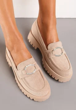 Ciemnobeżowe Mokasyny Wsuwane na Grubej Podeszwie z Metalowym Ozdobnym Kółkiem Pactina