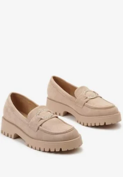 Ciemnobeżowe Mokasyny Wsuwane na Grubej Podeszwie z Metalowym Ozdobnym Kółkiem Pactina