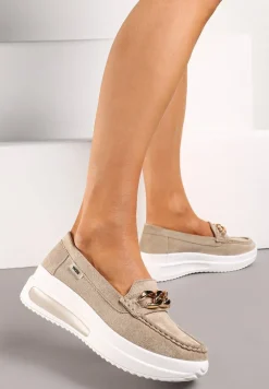 Ciemnobeżowe Mokasyny z Łańcuszkiem na Wysokiej Platformie Iracana